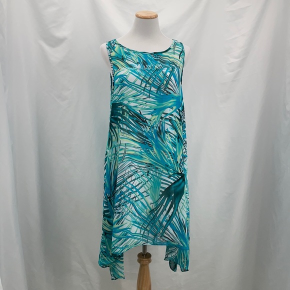 Robbie Bee Dresses & Skirts - Robbie Bee Women’s Sleeveless Hi Low Tropical Dress 14 Blue Green Sheer Lined